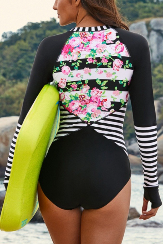 Floral Print Striped Patchwork One-piece Surfing Suit
