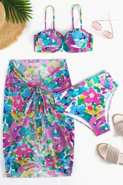 3Pcs Floral Print Ruffled Swimsuit
