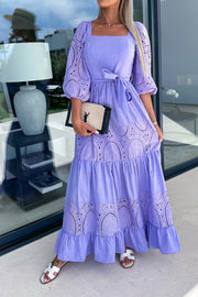 Crochet Lace Patchwork Belted Puff Sleeve Maxi Dress