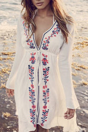 Embroidered Bohemian Deep V Cover Up