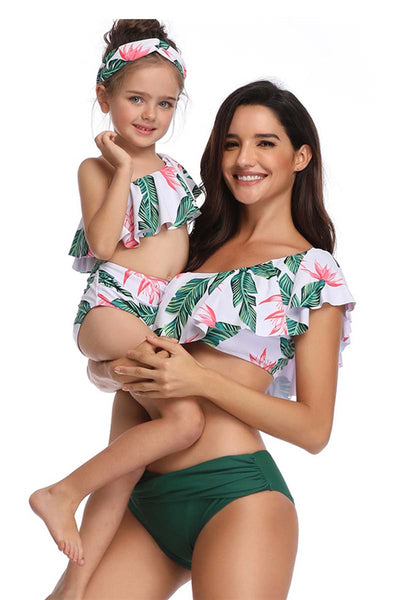One Shoulder Ruffle Floral Print Parent-child Two Pieces Swimsuit