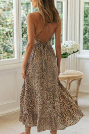 Flowy Leopard Printed Backless Deep V Beach Maxi Dress