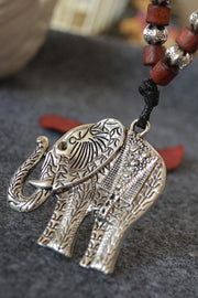 Silver Elephant Wooden Bead Pendant Necklace Sweater Chain
