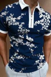 Plum Flower Print Short-Sleeved Polo Shirt