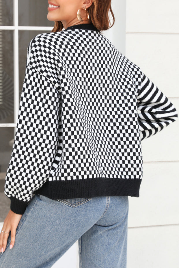 Plaid Stripe Panel Knit Cardigan Sweater
