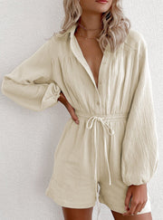 Long-sleeved Waisted Single-breasted Loose Jumpsuit