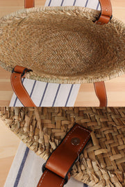 Beach Leather Shoulder Straps Woven Straw Basket Bag