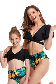Puff Sleeves Floral Print Parent-child Two Pieces Swimsuit
