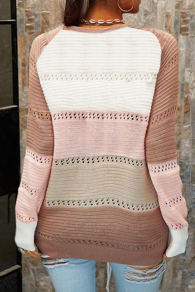 V Neck Lace up Patchwork Loose  Sweater