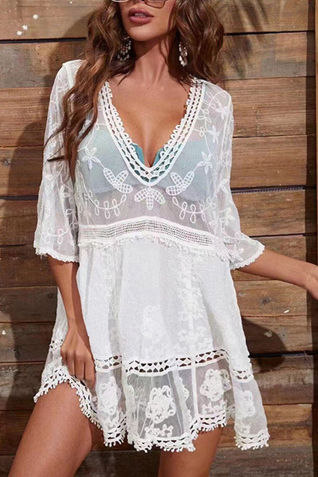 Lace Embroidered Patchwork V Neck Cover up