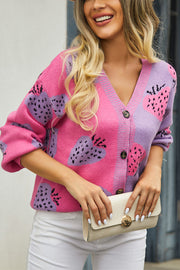 Strawberry Color Block Button Knit Cardigan Sweater
