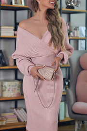 Sexy V Neck Backless Lantern Sleeve Two Pieces Sweater Dress Set（2 Colors）