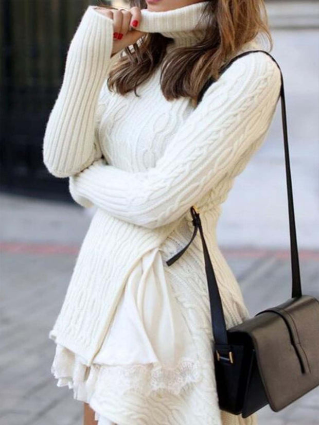 Solid Cable-knit Turtleneck Casual Long Sweater Dress