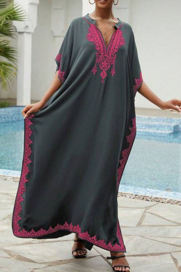 Beach Vacation Embroidered Stand Collar Cover Up Dress