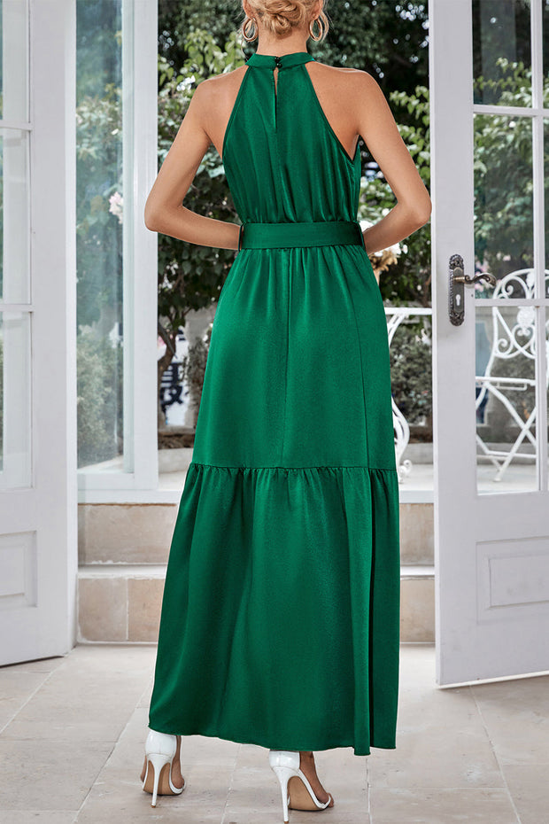Elegant Solid Halter Neck Lace-up Maxi Dress