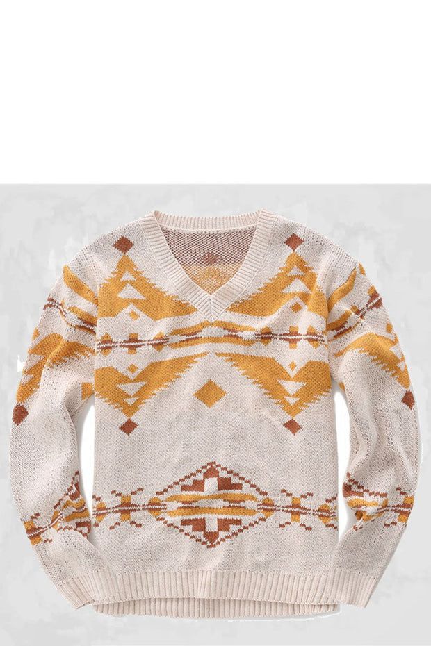 Uniqshe Men's Autumn/Winter V-Neck Long Sleeve Printed Knit Sweater