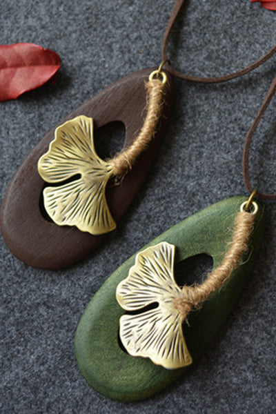 Wooden Water Drop Ginkgo Leaf Pendant Long Necklace Sweater Chain