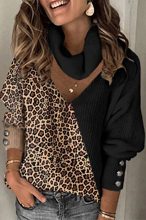 Color Block Leopard Turtleneck Casual Sweaters