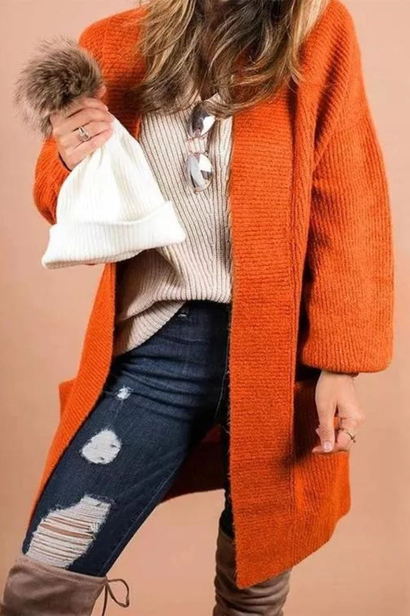 Pumpkin Color Lantern Sleeve Long Knitted Cardigan – uniqshe