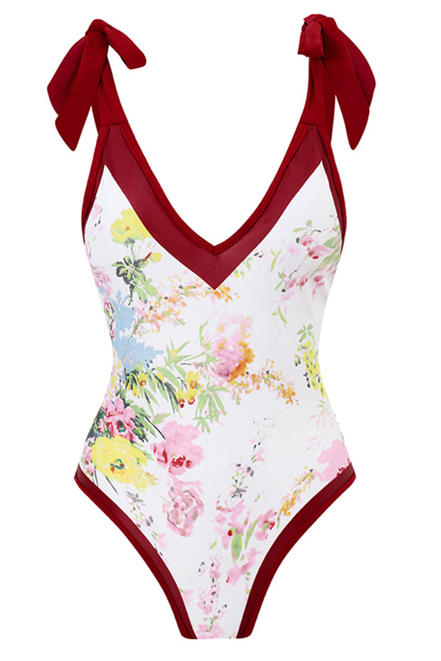 Floral Print V Neck Wine Red One Piece Swimsuit With Cover Up