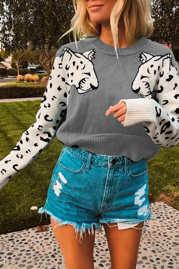 Snow Leopard Patchwork Grey Sweater
