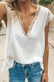 Lace Hem Design Solid White Blouse