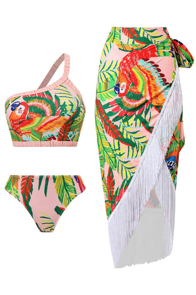Bird Print Tassel Design One Shoulder Two Pieces Swimsuit With Cover Up