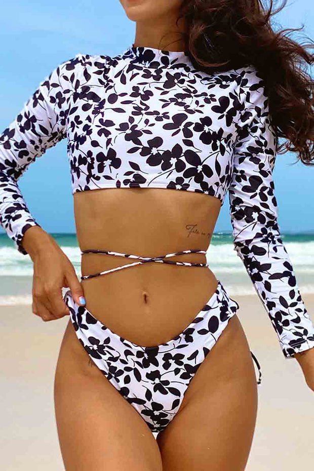 Sexy Backless Lace Up Broken Flower Two Piece Swimsuit