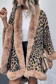 Fur Collar Leopard Shawl Sweater