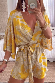 Lace-up Plants Print Yellow One-piece Romper