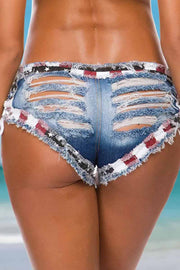 American Flag Lace Up Ripped Hole Frayed Shorts