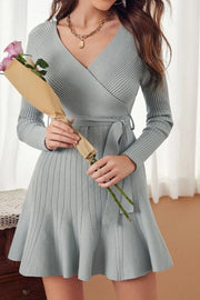 Surplice Neck Ribbed Knit Belted Sweater Dress
