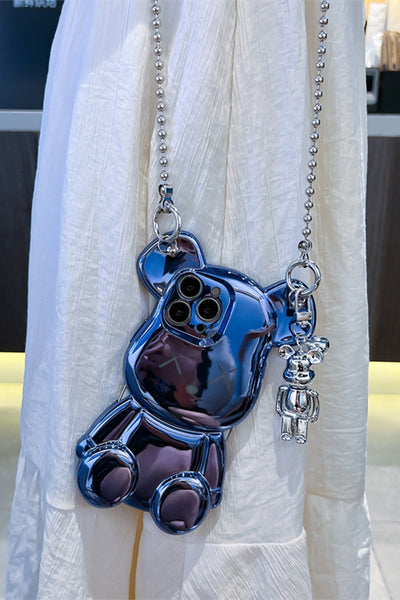 3D plating Bear Phone Case with Chain and Pendant  For iPhone14/13/12/11(Pro,Pro Max)