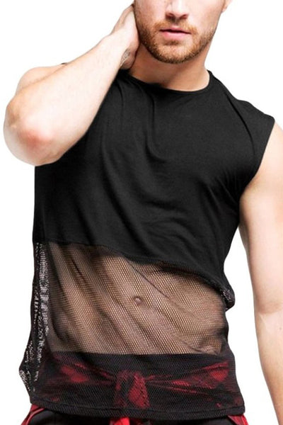 Men's Sleeveless Round Neckline Patchwork Hollow Out See-Through T-Shirt Top
