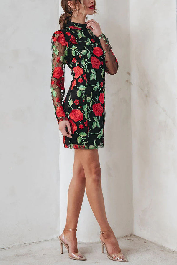 Embroidered Floral Mesh Mini Dress