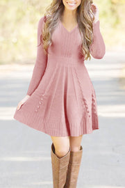 Solid Cable Wool O-Neck Casual Elegant Midi Sweater Dress