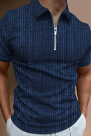 Striped Zip Lapel T-Shirt Polo Shirt