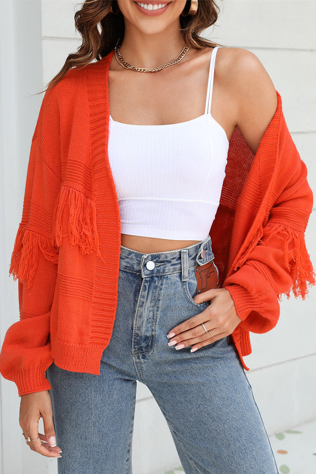 Cropped Solid Color Fringe Cardigan Sweater