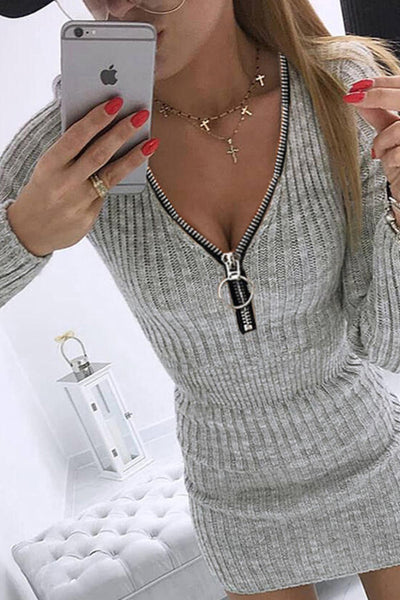 Solid V-Neck Casual Long Tight Sweater Dress