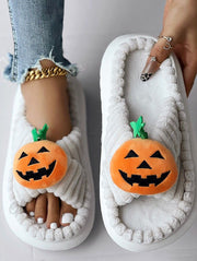 Halloween-Themed Cross Strap Fuzzy Slippers Featuring Pumpkin Patterns