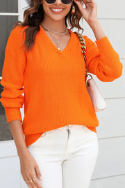 Solid Color V Neck Twist Knit Pullover Sweater