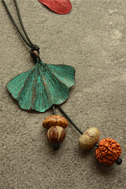 Patina Ginkgo Leaf Walnut Bodhi Root Long Necklace Sweater Chain