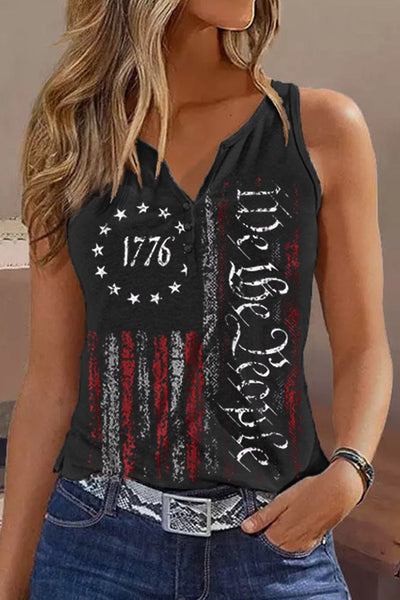 1776 We The People Flag Print Button Notched Neck Tank
