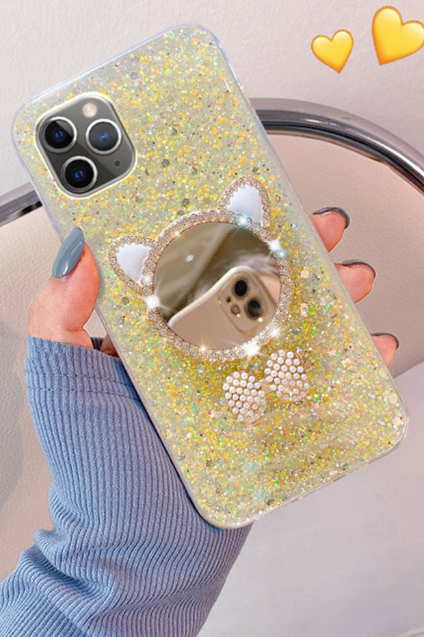 Bling Glitter Phone Case With Rhinestone Cat Ears Mirror And Pearl Bow Decoration For iPhone14/13/12/11(Pro,Pro Max)