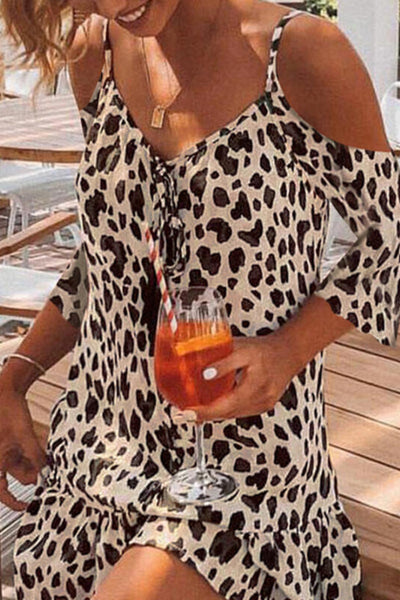 Leopard 3/4 Sleeves Shift Above Knee Casual/Vacation Tunic Dresses