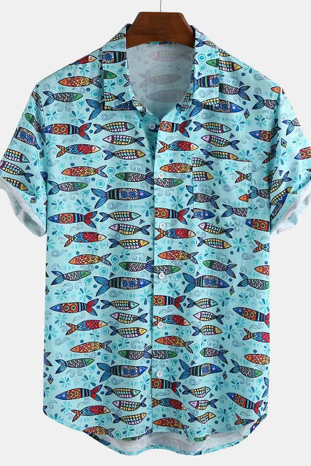 Underwater Animal Print Loose Short-Sleeved Shirt Men's Tops