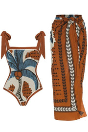 Coconut Tree Tropiacl Print Tied Detail One Piece Swimsuit With Cover Up