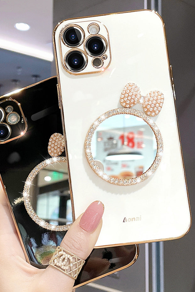 Electroplating Phone Case With Rhinestone Mirror and Pearl Bow Decoration For iPhone14/13/12/11(Pro,Pro Max)