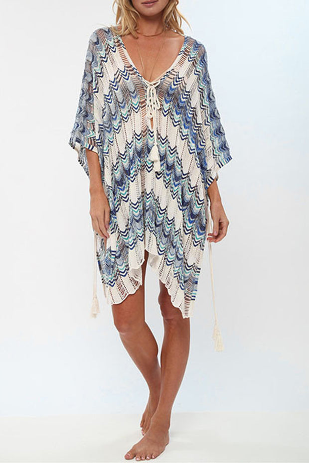 Knitted Color-block Tie-front Beach Cover up