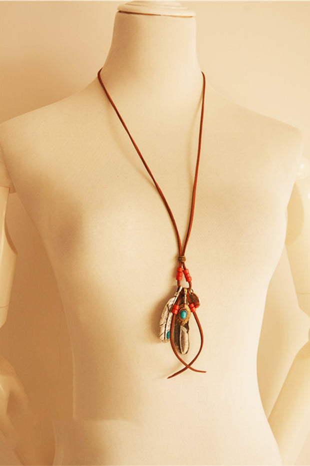 Feather Leaves Tassel Wooden Bead Pendant Long Necklace Sweater Chain